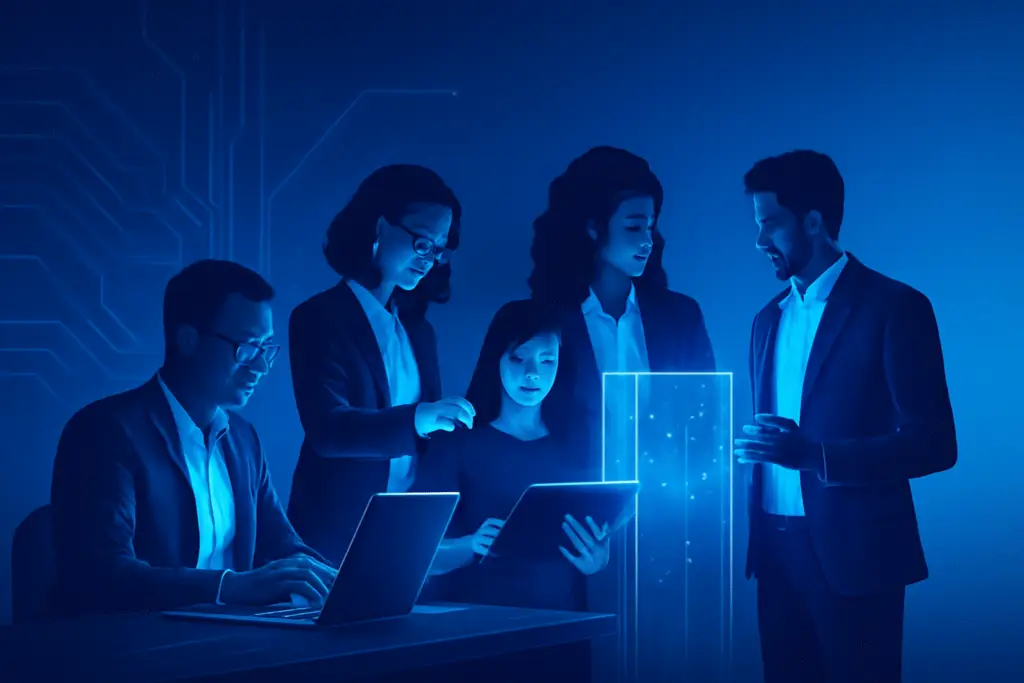 "A group of diverse professionals collaborating on a laptop, surrounded by digital technology graphics, representing science and computer science innovation."