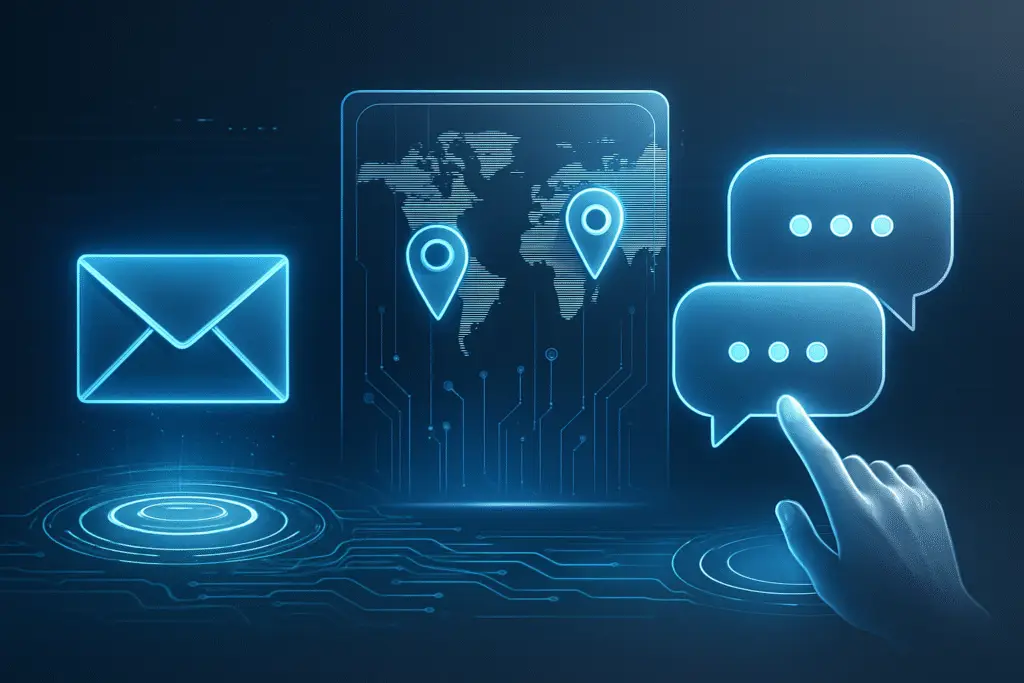 "Futuristic digital contact concept with holographic email icons, chat bubbles, and circuit board elements, representing science and computer technology."