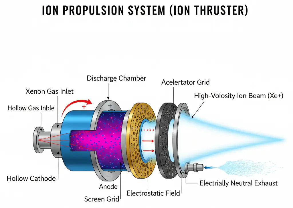 आयन थ्रस्टर का 3D कटवे डायग्राम, जिसमें डिस्चार्ज चैंबर, एनोड, स्क्रीन ग्रिड, एक्सेलेरेटर ग्रिड और न्यूट्रलाइज़र सहित इसके विभिन्न घटक दिखाए गए हैं। ज़ेनॉन गैस का प्रवाह, प्लाज़्मा निर्माण और उच्च-वेग वाले आयन बीम का निष्कासन स्पष्ट रूप से चित्रित है।