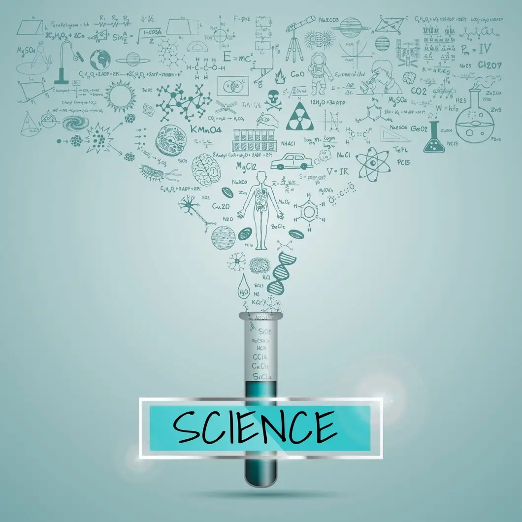 Science elements hand-drawn sketch with chemical formulas, molecules, E=mc², microorganisms, and a test tube.