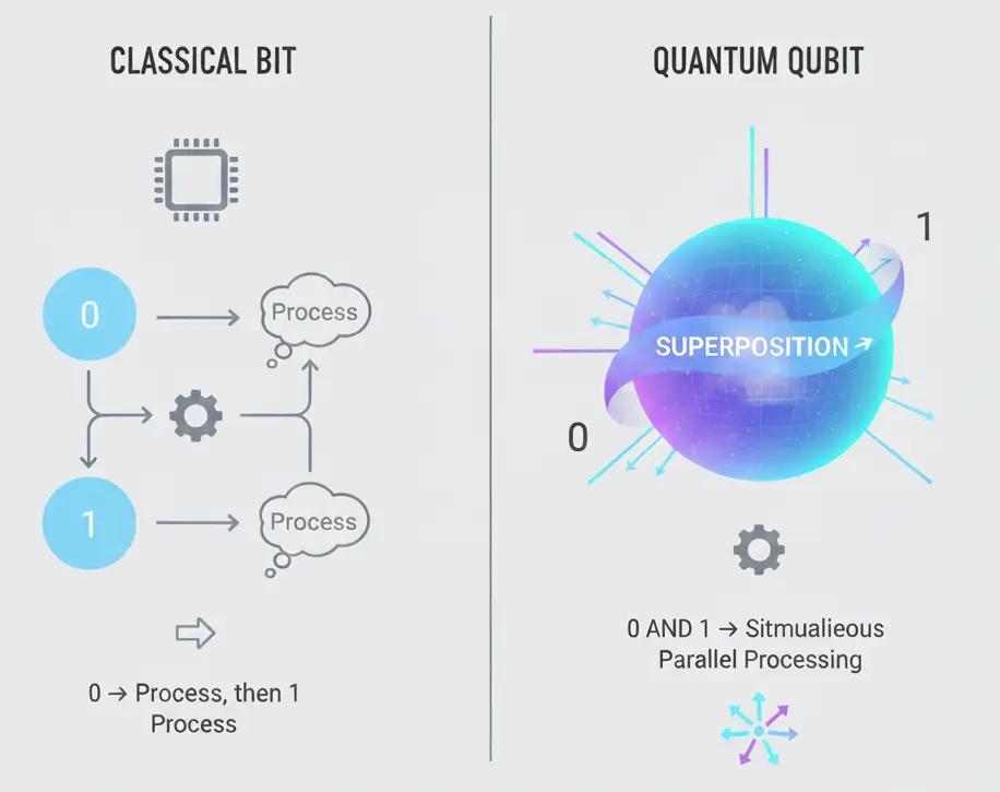 Comparison of classical bits and quantum qubits showing superposition and parallel processing