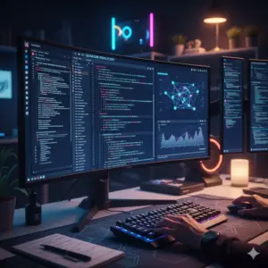 Programming desktop setup with multi-monitor screens showing code, data charts and AI network visualization