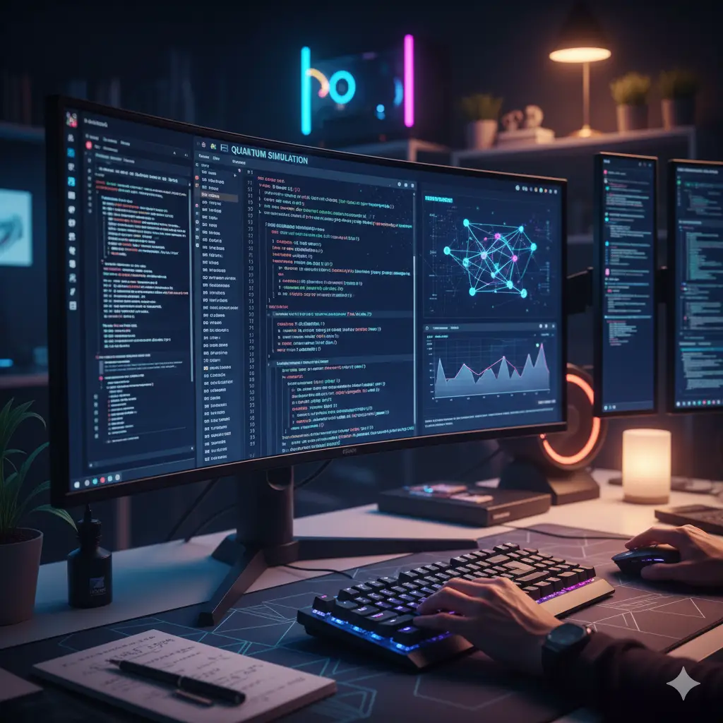 Programming desktop setup with multi-monitor screens showing code, data charts and AI network visualization