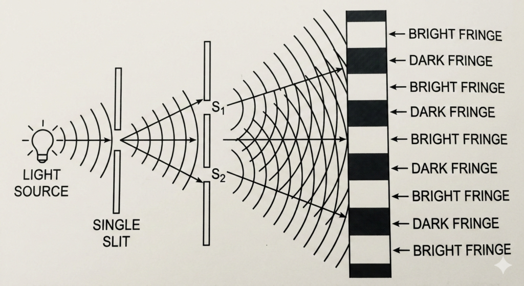 Black and white line diagram of the dual slit experiment showing light passing through a single slit and two narrow slits (S1, S2), producing an interference pattern of bright and dark fringes on a screen.