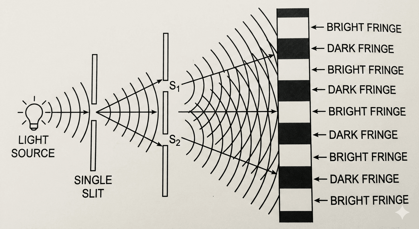 Black and white line diagram of the dual slit experiment showing light passing through a single slit and two narrow slits (S1, S2), producing an interference pattern of bright and dark fringes on a screen.