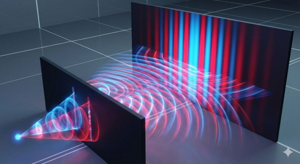 A 3D digital illustration showing wavefronts passing through two narrow slits, creating an interference pattern on a screen. Blue and red wave patterns overlap, producing alternating bright and dark fringes.