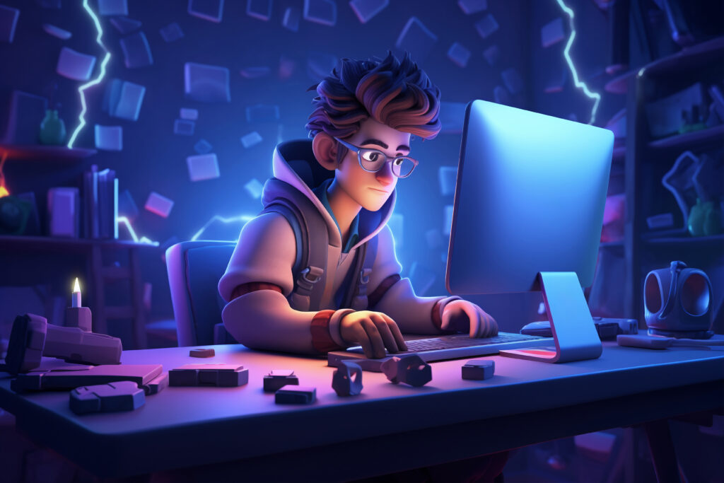 3D illustration of a focused young programmer wearing glasses and hoodie, typing on keyboard at glowing computer screen in a tech-filled room.