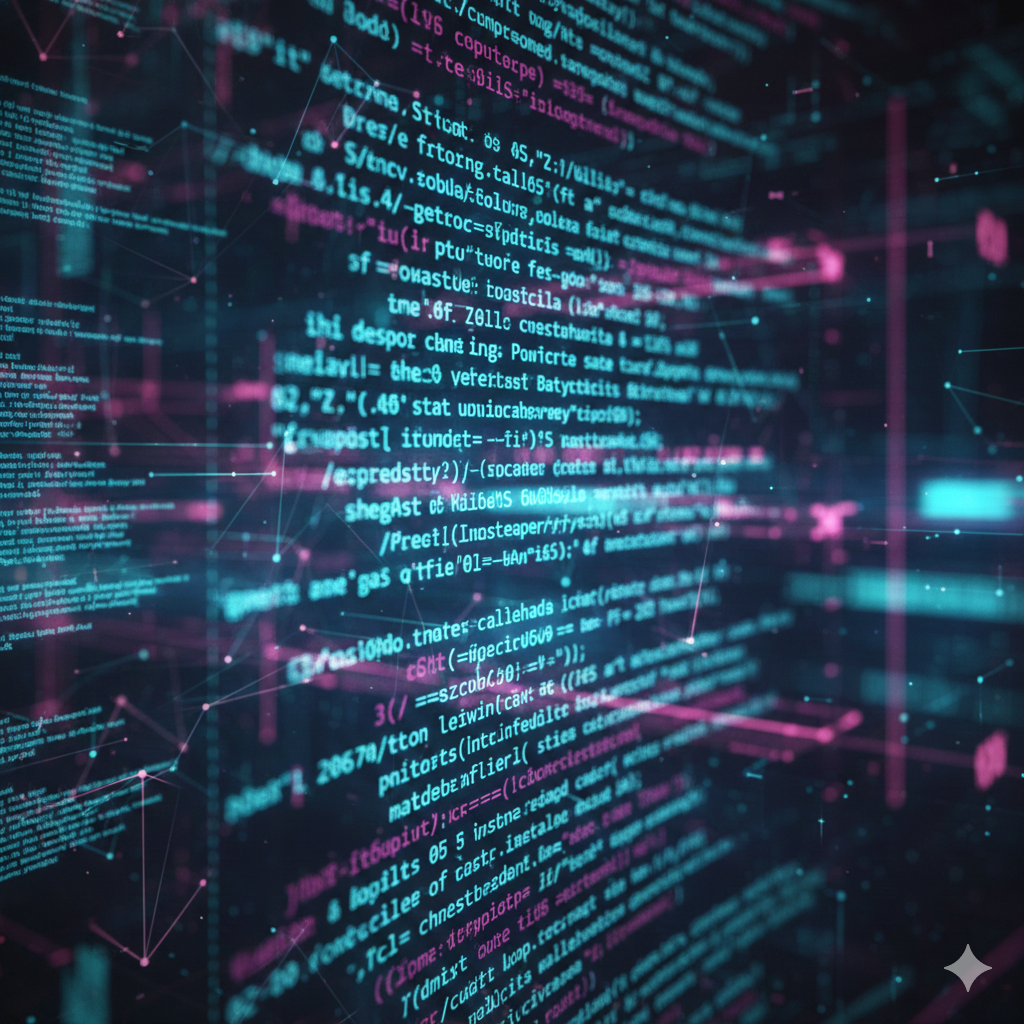 Abstract programming language code with digital data flow and modern software development concept