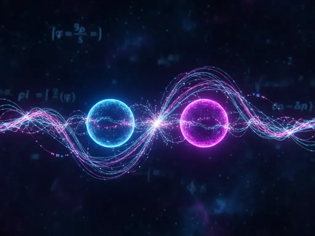 Visualization of quantum entanglement showing two particles connected by glowing quantum waves with mathematical formulas in the background, deep space theme