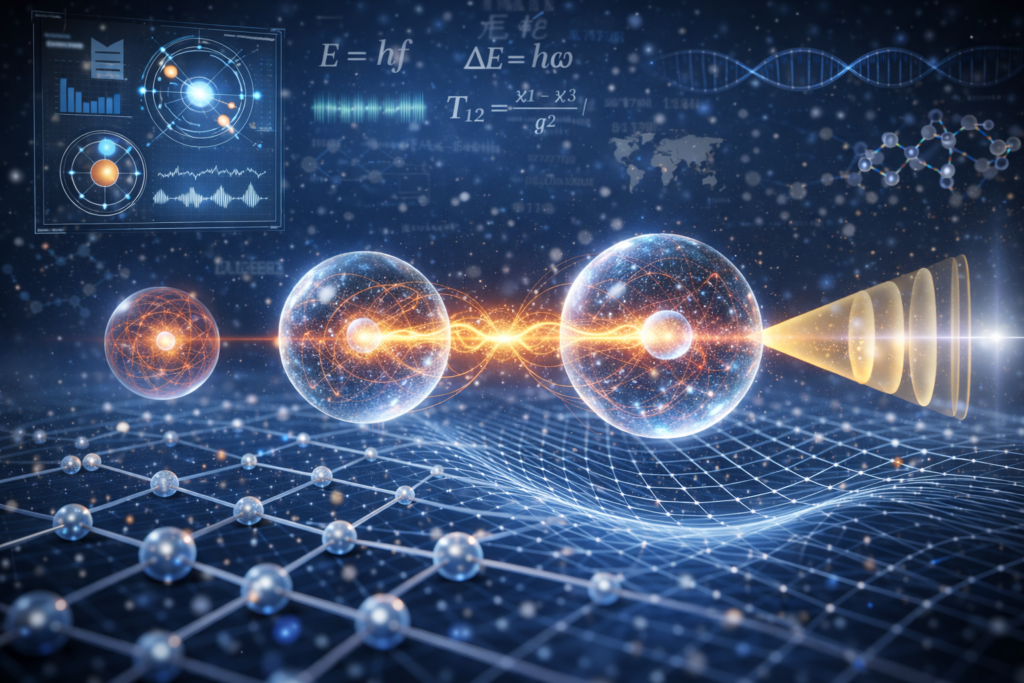Nano-scale quantum world illustration showing quantum particles, wave–particle interaction, and quantum entanglement in a scientific environment