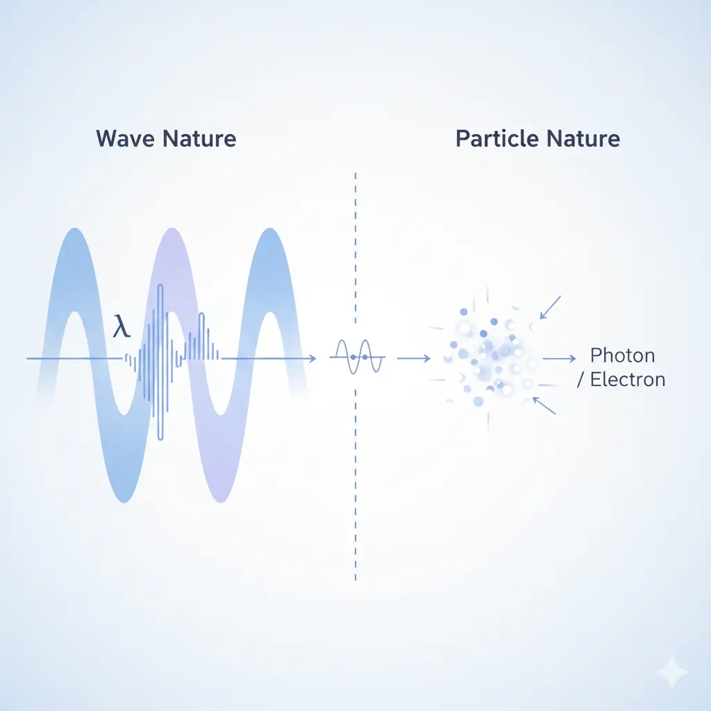 Clear scientific diagram illustrating quantum mechanics concept of wave–particle duality, with a sinusoidal wave on the left labeled wavelength (λ) and clustered particles on the right labeled photon/electron.