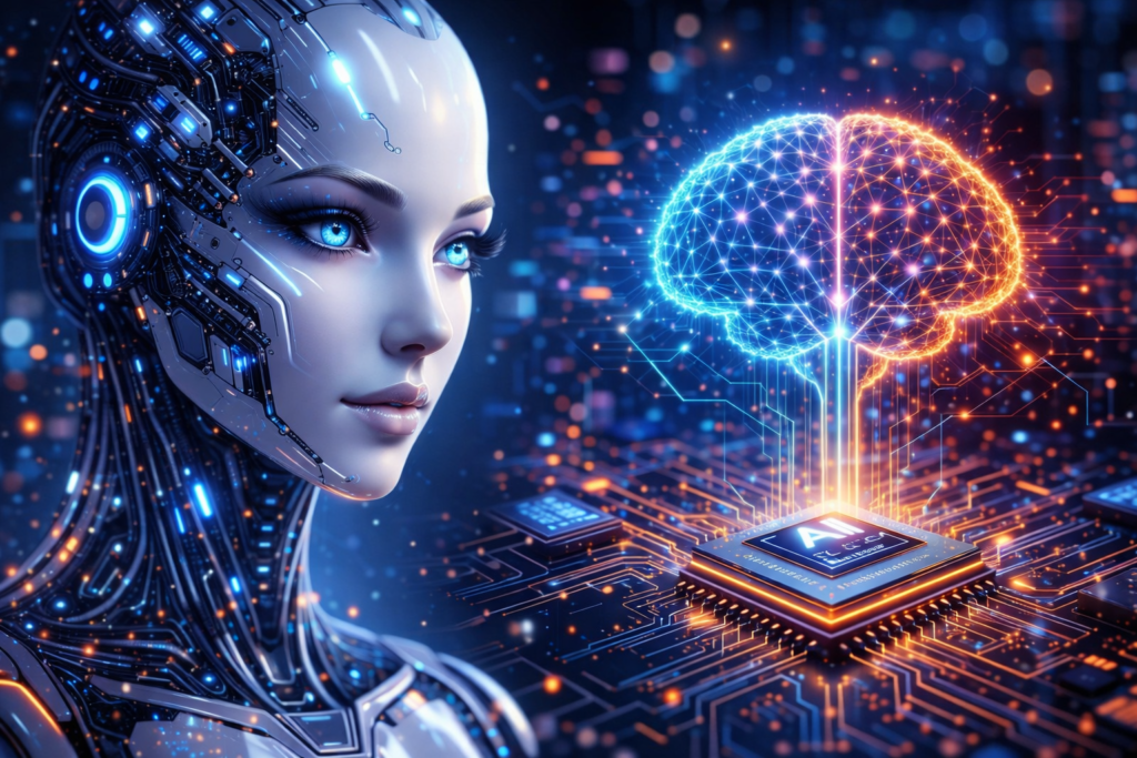 Futuristic artificial intelligence AI robot with glowing digital brain and neural network chip technology