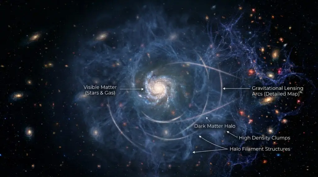 Visualization of dark matter halo surrounding a galaxy showing gravitational lensing and halo filament structures