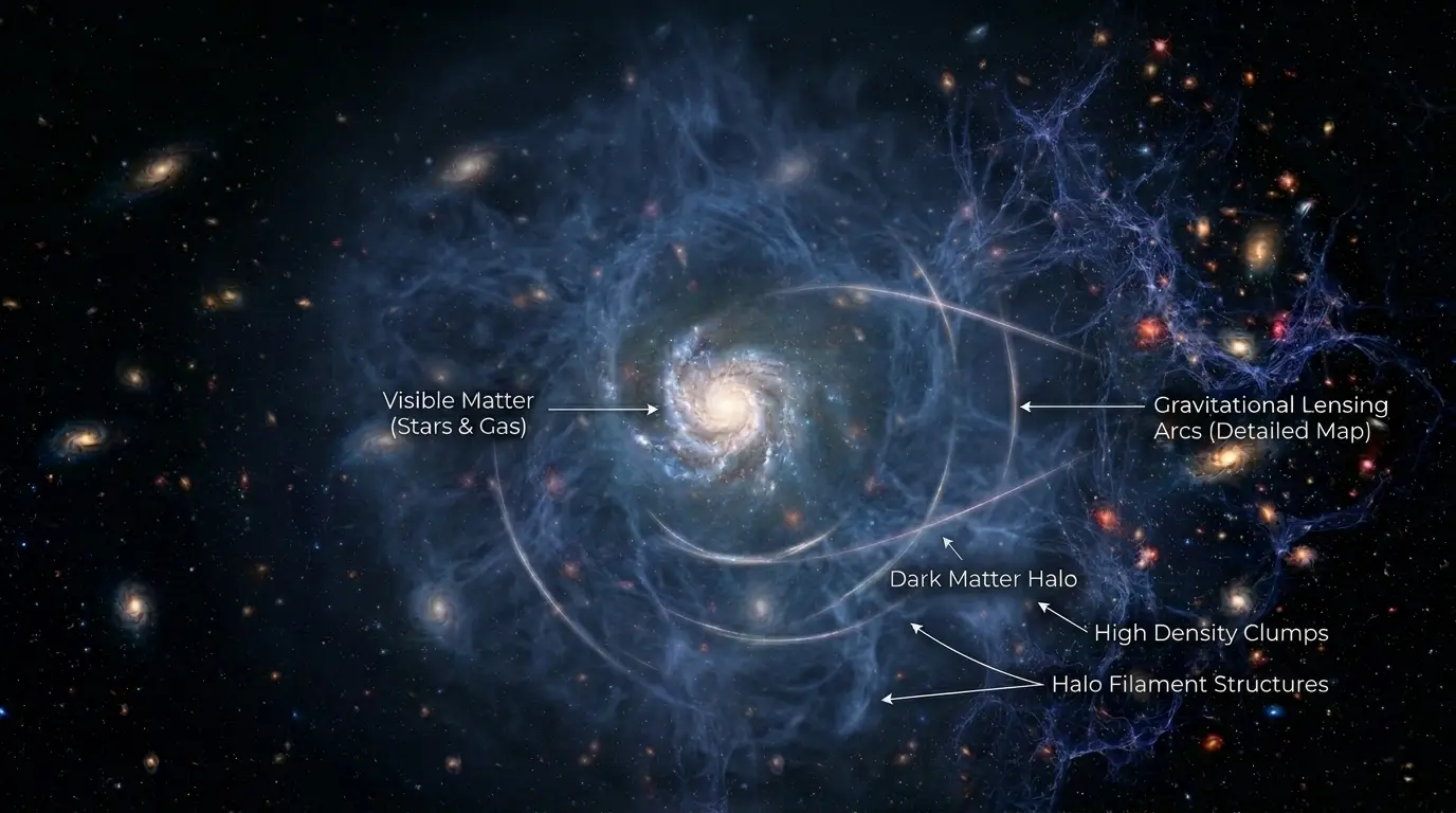 Visualization of dark matter halo surrounding a galaxy showing gravitational lensing and halo filament structures