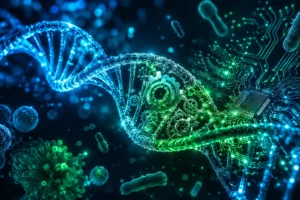 सिंथेटिक बायोलॉजी (Synthetic Biology) और डीएनए (DNA) को दर्शाती एक 3D Digital Image