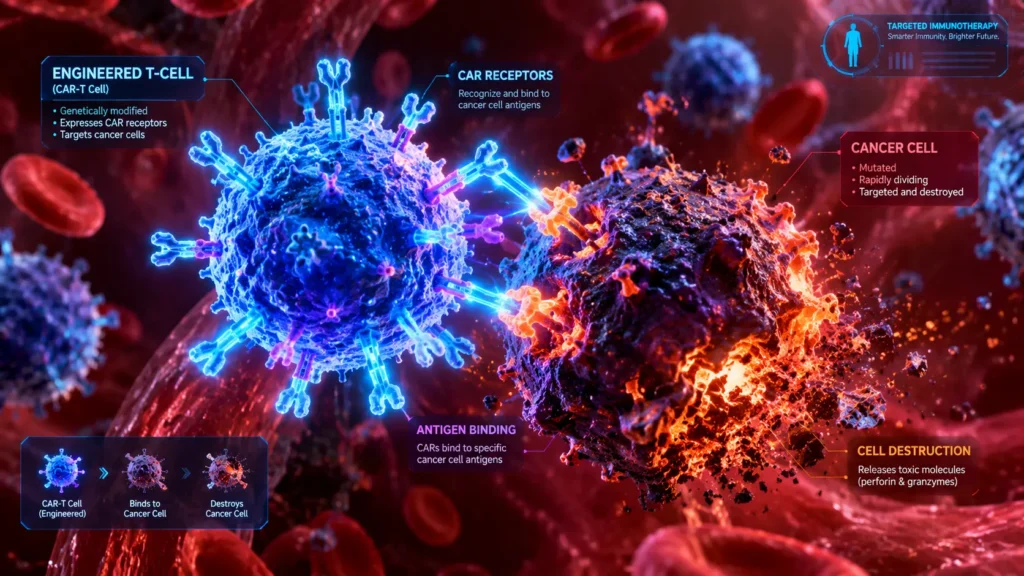 सिंथेटिक बायोलॉजी (Synthetic Biology) का उपयोग कर कैंसर कोशिकाओं (Cancer Cells) को नष्ट करती इंजीनियर की गई CAR T-सेल (CAR T-Cell)