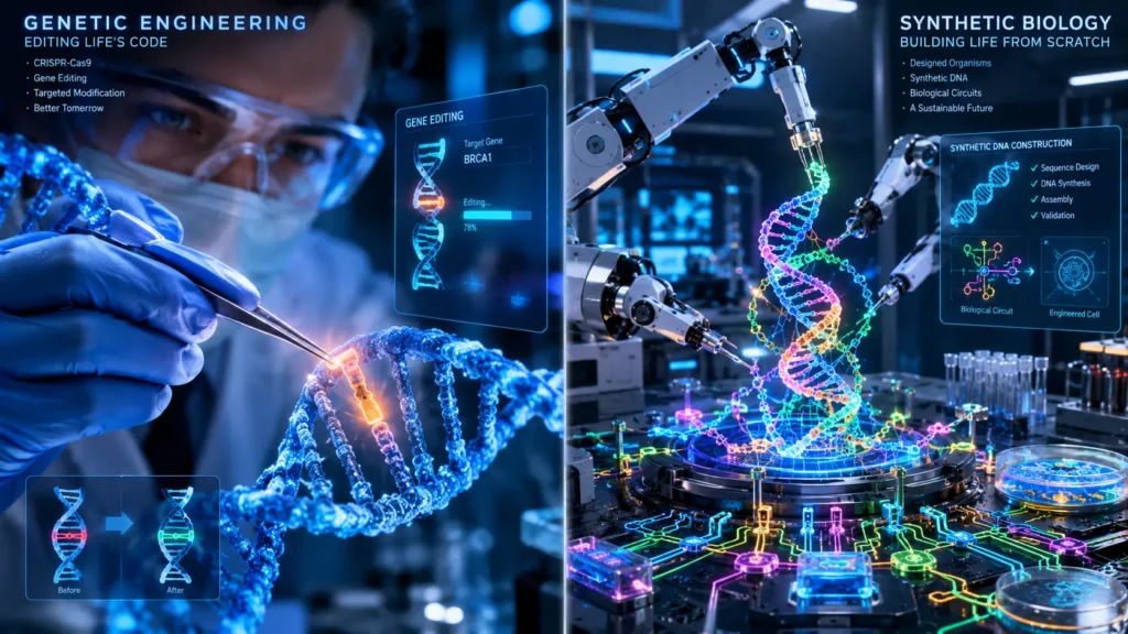 जेनेटिक इंजीनियरिंग (Genetic Engineering) और सिंथेटिक बायोलॉजी (Synthetic Biology) के बीच अंतर का 3D चित्रण
