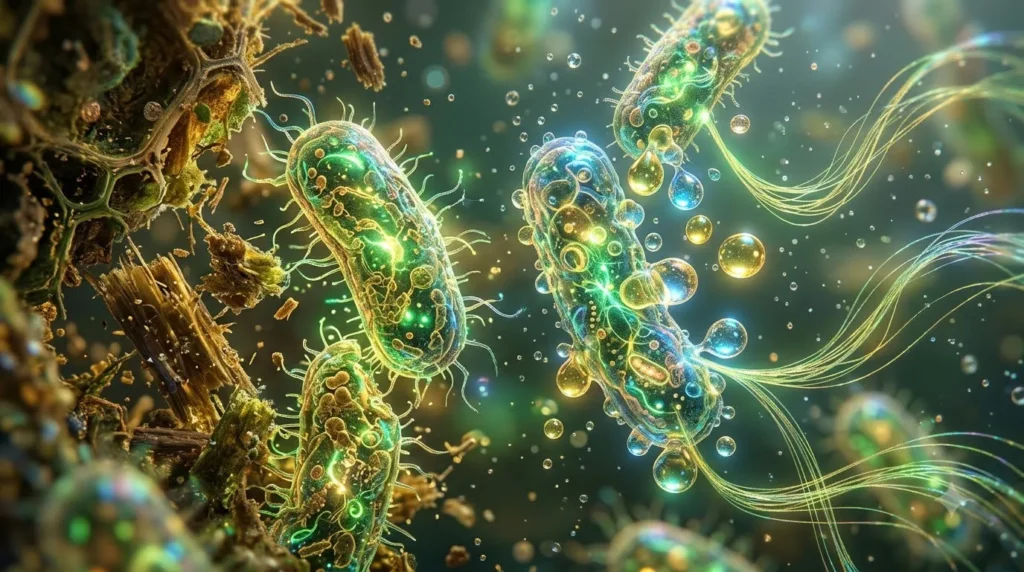 सूक्ष्मजीवों (Microorganisms) को जीवित कारखानों (Living Factories) के रूप में सस्टेनेबल (Sustainable) उत्पाद बनाते हुए दर्शाती छवि