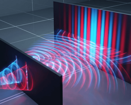 A 3D digital illustration showing wavefronts passing through two narrow slits, creating an interference pattern on a screen. Blue and red wave patterns overlap, producing alternating bright and dark fringes.
