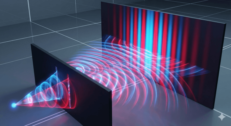 A 3D digital illustration showing wavefronts passing through two narrow slits, creating an interference pattern on a screen. Blue and red wave patterns overlap, producing alternating bright and dark fringes.