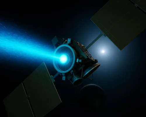 अंतरिक्ष में नीली आयन ऊर्जा उत्सर्जित करता हुआ एक उन्नत आयन थ्रस्टर।