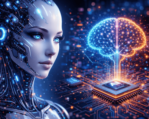 Futuristic artificial intelligence AI robot with glowing digital brain and neural network chip technology