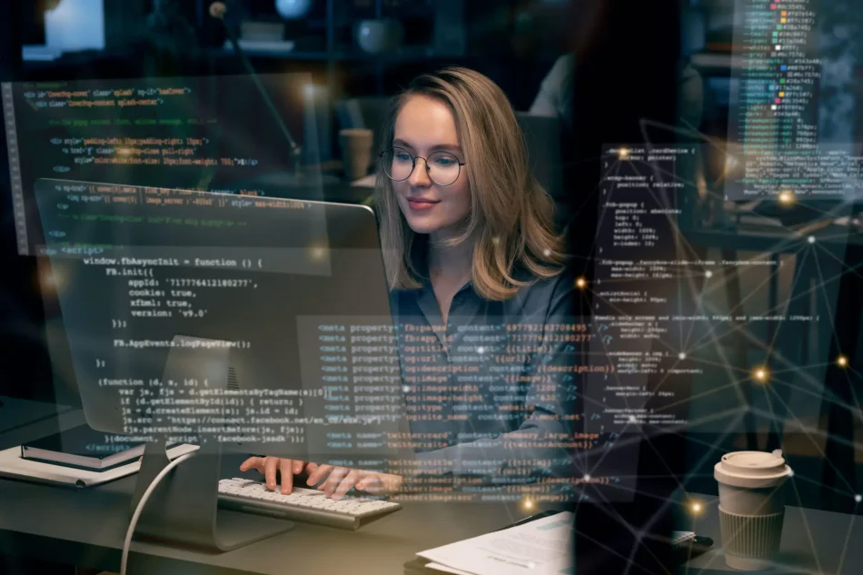 Programmer working on coding and software development on a computer in
