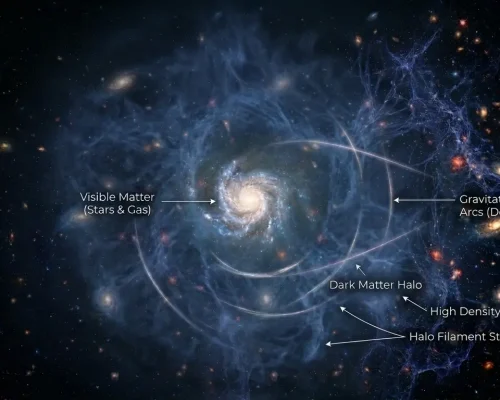 Visualization of dark matter halo surrounding a galaxy showing gravitational lensing and halo filament structures