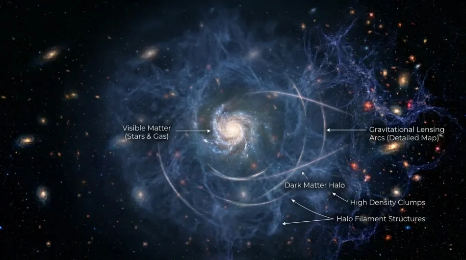 Visualization of dark matter halo surrounding a galaxy showing gravitational lensing and halo filament structures