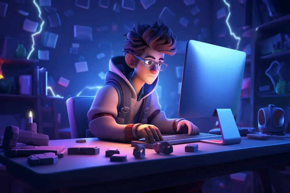 3D illustration of a focused young programmer wearing glasses and hoodie, typing on keyboard at glowing computer screen in a tech-filled room.