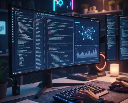 Programming desktop setup with multi-monitor screens showing code, data charts and AI network visualization
