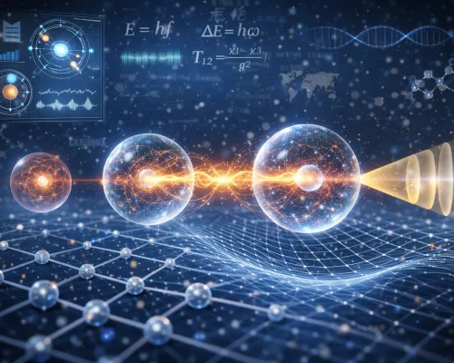 Nano-scale quantum world illustration showing quantum particles, wave–particle interaction, and quantum entanglement in a scientific environment