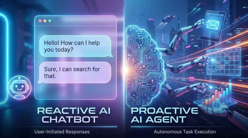 AI Agent vs Chatbot का अंतर दिखाता हुआ चित्र, जिसमें चैटबॉट और स्वायत्त AI एजेंट की तुलना की गई है।